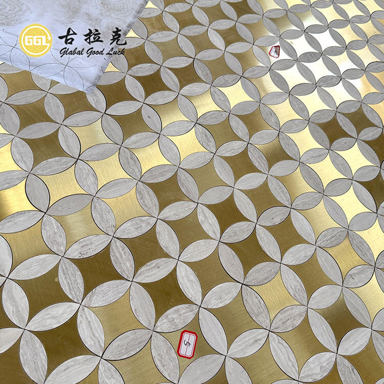 Wood Marble Inlay With Brass Parquet Waterjet Mosaic T