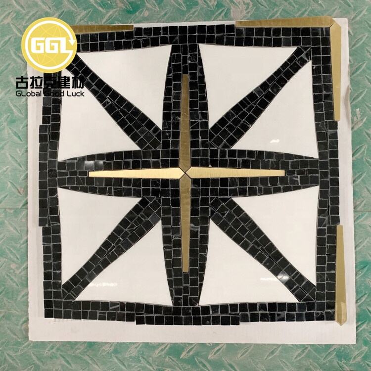 Natural White Marble Mix Black Inlay Brass Waterjet Mosaic Tile 