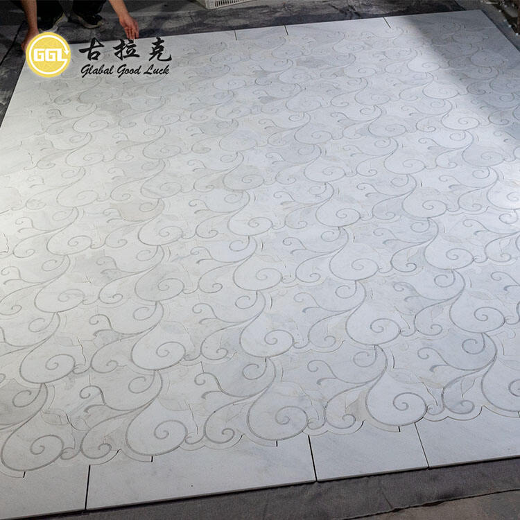 Natural White Marble Flower Parquet Feature  Waterjet Mosaic Tile Floor Wall Design