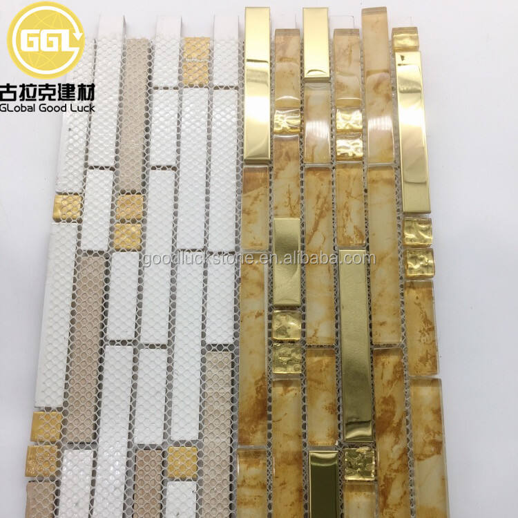 Gold Color Long Strip Shape Laminate Glass Mixed Metal Backsplash Wall Decoration Tiles Glass Mosaic