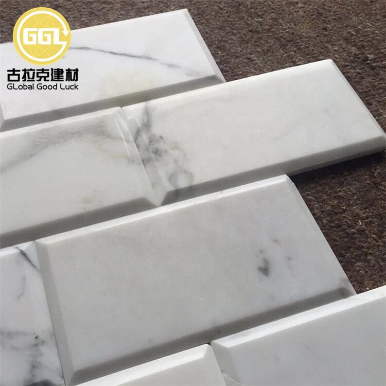 Carrara White 3x6 Inch Deep Beveled Brick Marble Mosaic Tiles Featuring Parquet Design