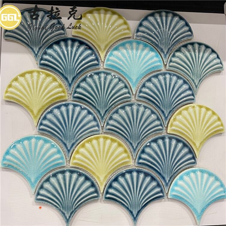 Fan Shape Ceramic Mosaic Tile Shell Design Blue Yellow Mosaic Tile