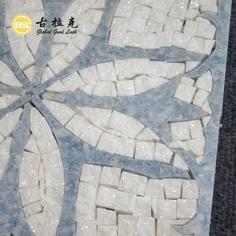 Hand-made Flower Waterjet Marble Thassos White Mix Blue Mosaic Tile