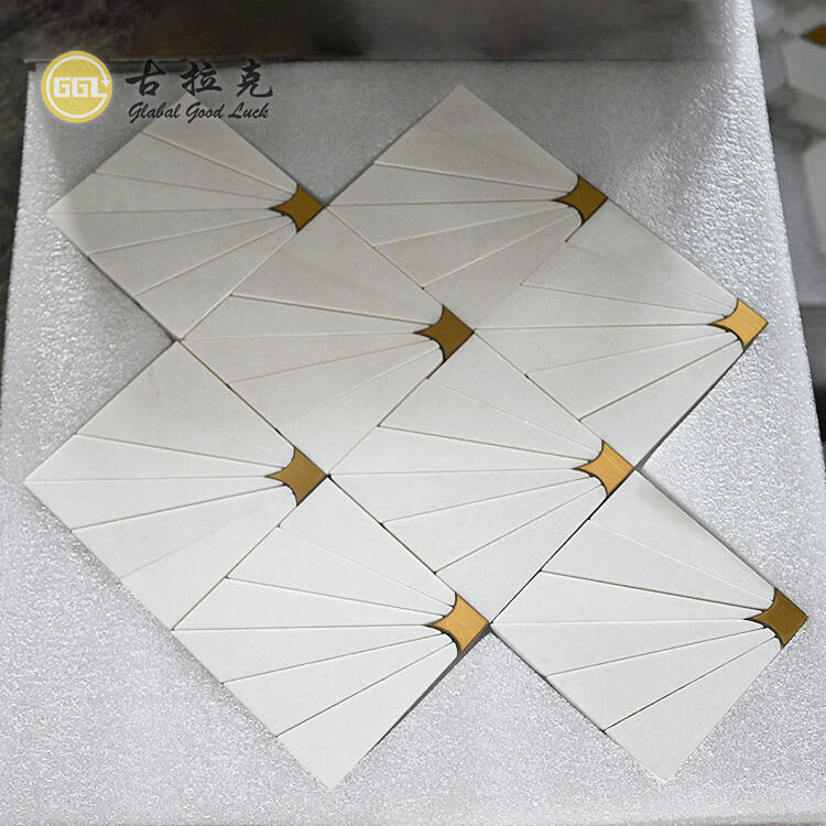 Square Thassos White Marble Mix Brass Mosaic Wall Tile