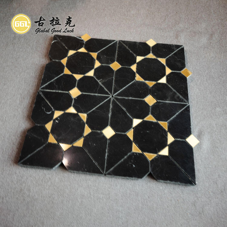 Waterjet Black Marble Tile Mix Brass Mosaic Tile for Interior Floor Wall Decoration