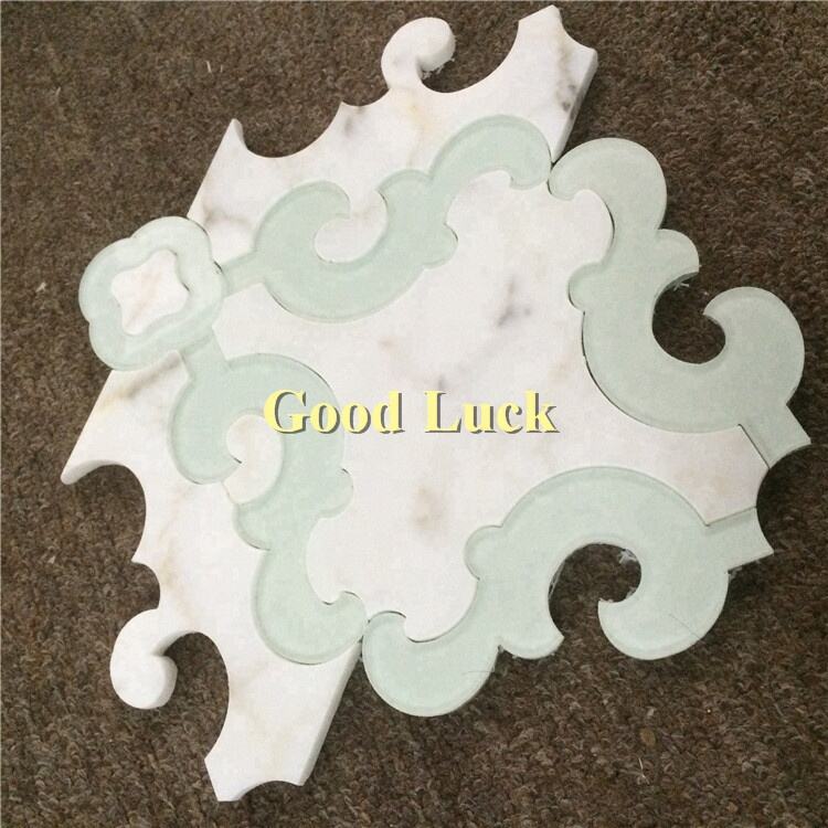 Fashion Design White Marble Mix Green Glass Waterjet Art Wall Mosaic Tile