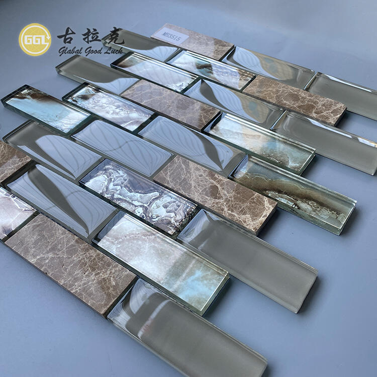 Natural Marble Mix Glass Crystal Strip Shape Glass Mosaic Kitchen Wall Tile