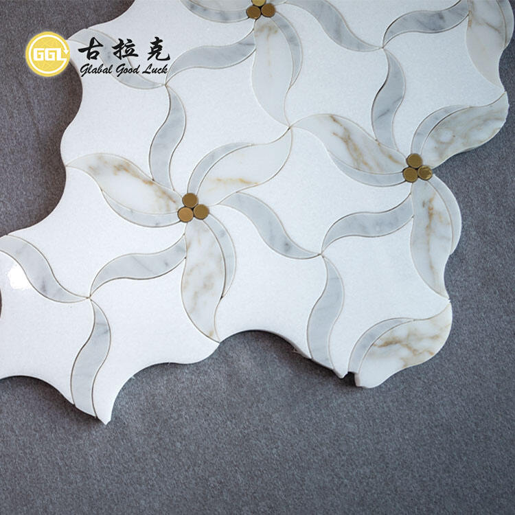 Flower Shape Marble Mosaic Inlay With Brass Dot Waterjet Mosaic Tile