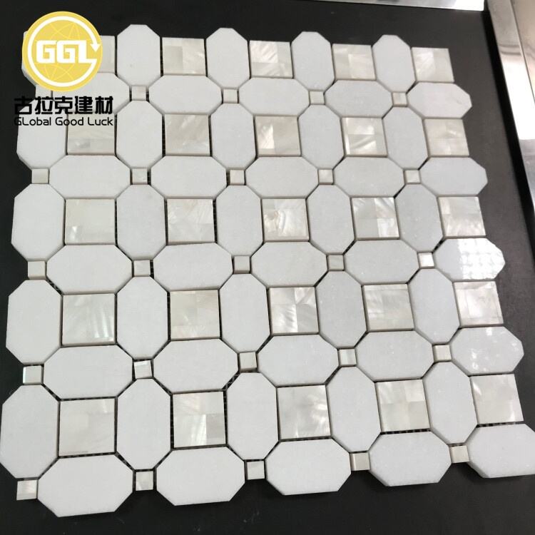 Thassos White Marble Inlay Mother of Pearl Shell Mosaic Tile for Wall Decor