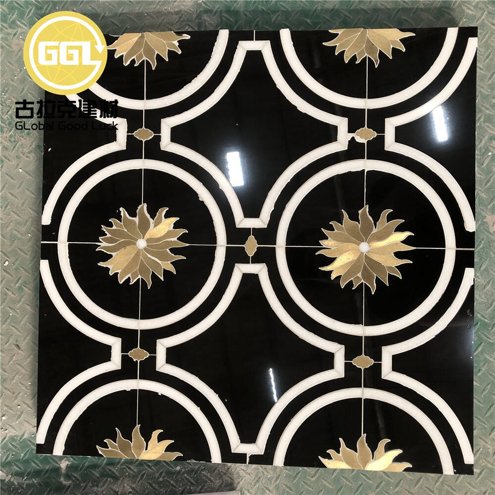 Black Marble Mosaic Tile Gold Sunflower Pattern Brass Inlay Mosaics for Wall Floor Tile