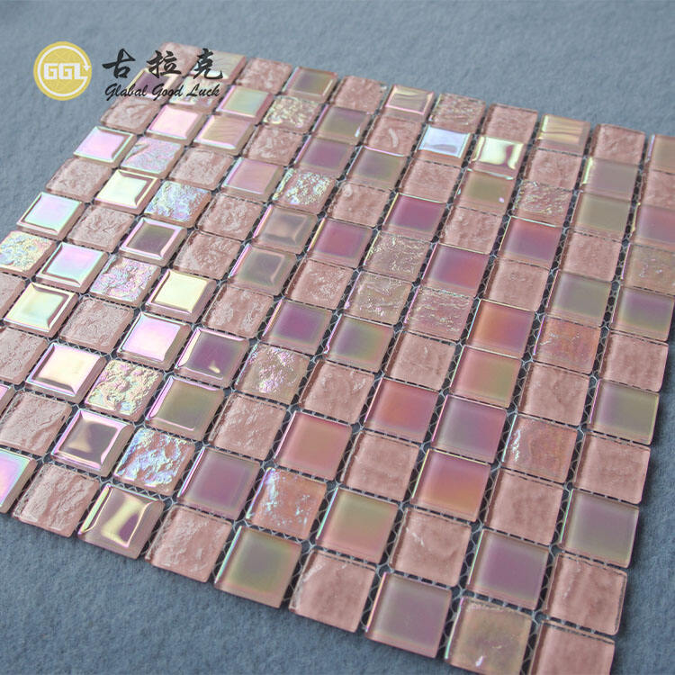 Pink Iridescent Design Square Shape Pool Glass Mosaic Tile