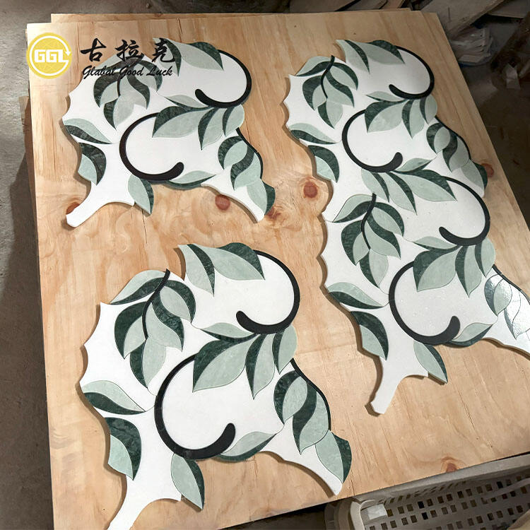 Natural Green Leaf Shape Pattern Waterjet Mosaic Tiles for Interior Decor