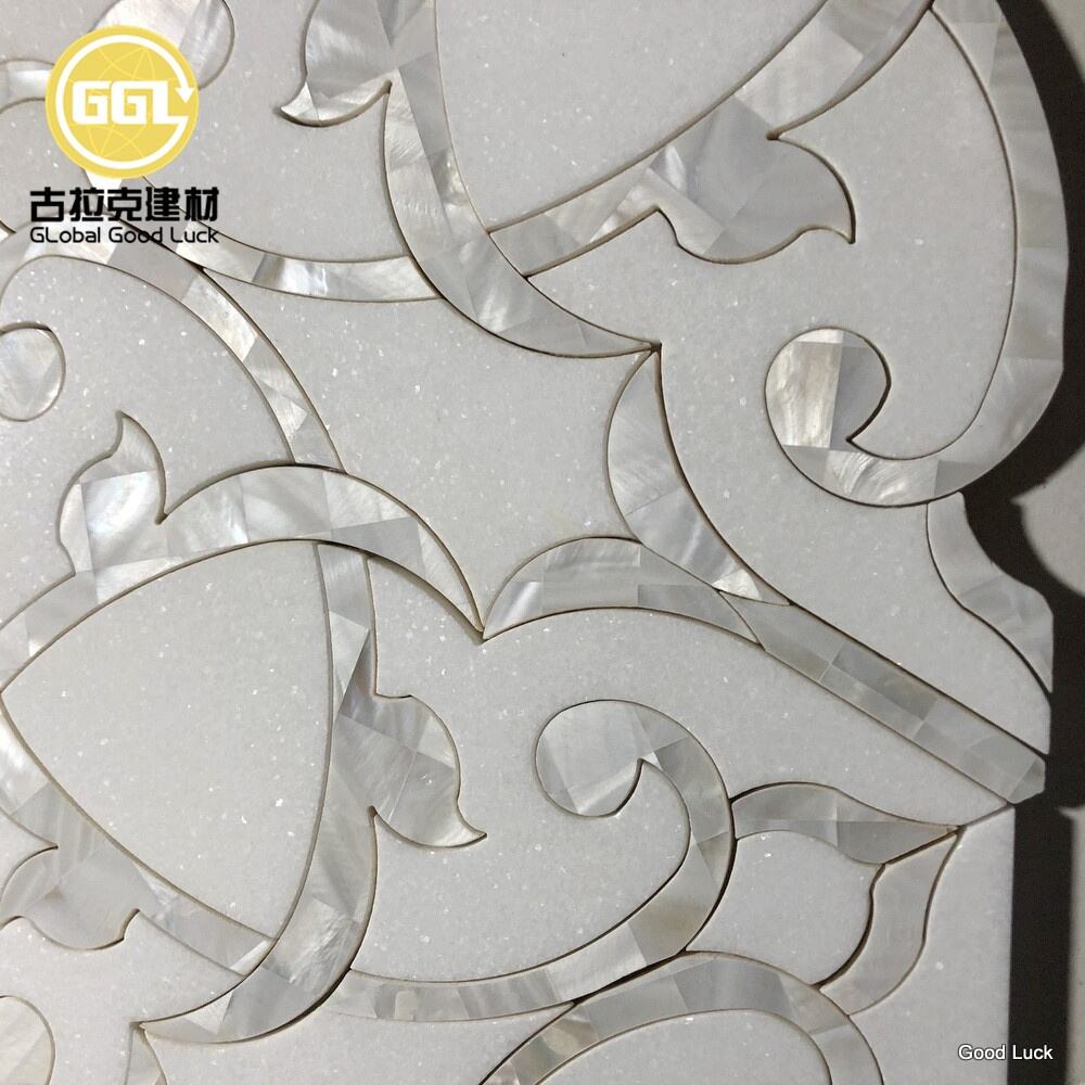 Unique Shape Pure White Marble Mix Mother of Pearl Waterjet Marble Mosaic