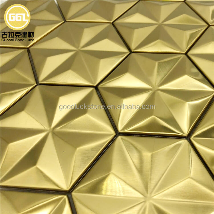 Ubin Dinding Backsplash Mosaik Logam Emas Baja Tahan Karat Efek 3D Heksagonal