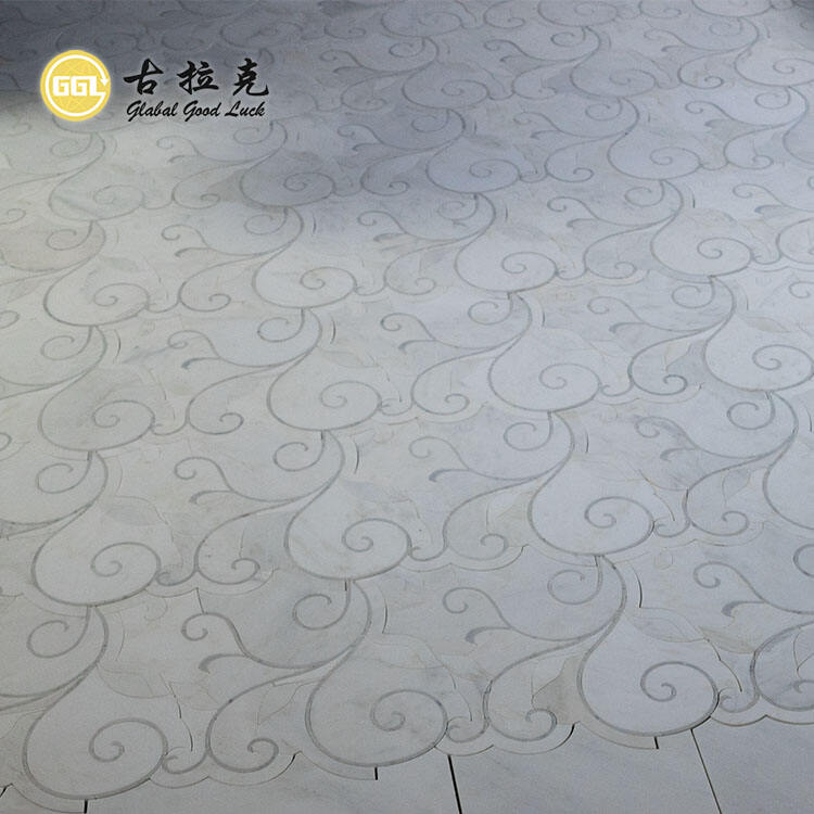 Natural White Marble Flower Parquet Feature  Waterjet Mosaic Tile Floor Wall Design