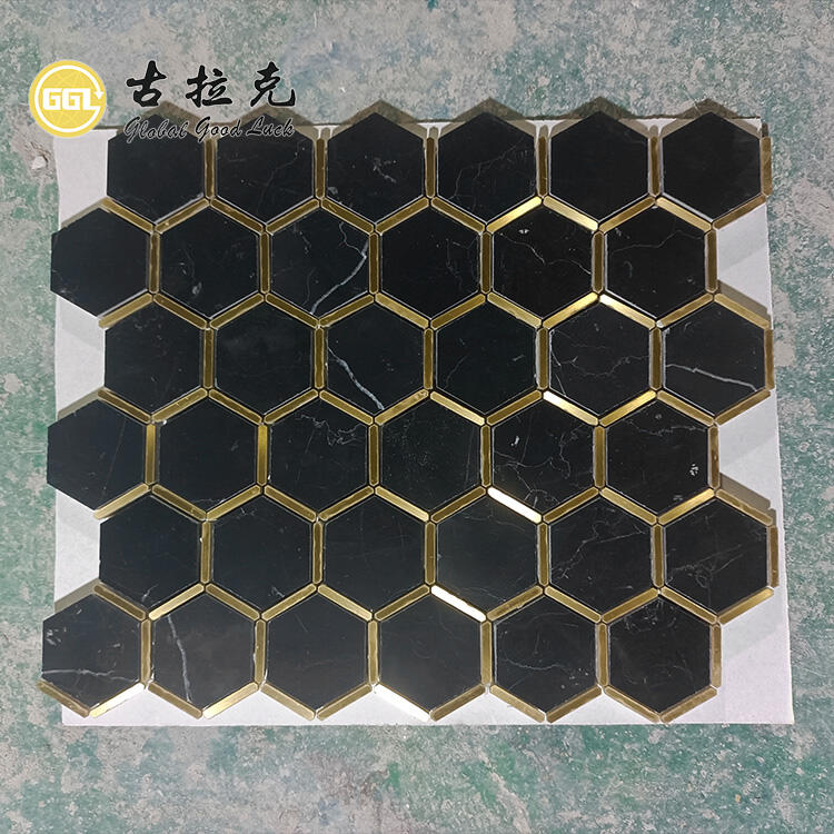 Nero Marquina Marble Mix Brass Mosaic Tile Water Jet Hexagon Black Wall Tile