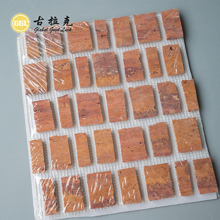 Red Travertine Rough Cut Marble Mosaic Tile Outdoor Design