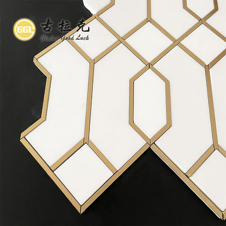 New Design Thassos White Marble with Brass Edge Stone Mosaic Tiles for Bathroom Decor