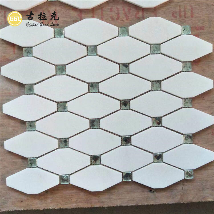 Thassos White Marble Mix Glass Long Octagon Shape Marble Mosaic Wall Floor Tile