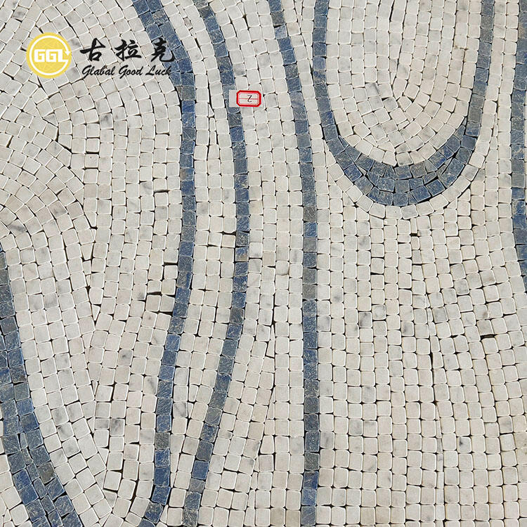 Fashion Design Blue Mix White Marble Parquet Feature Waterjet Mosaic Tiles