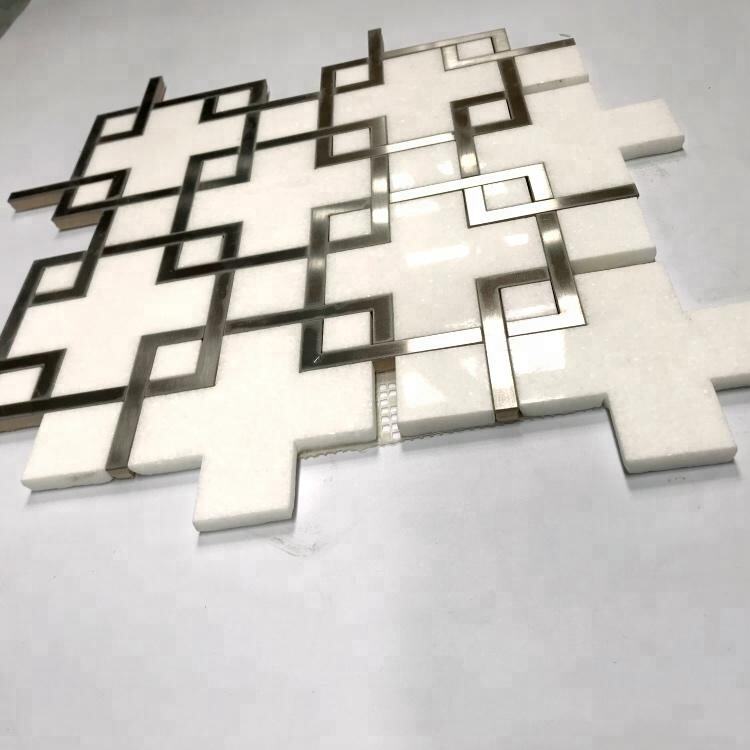 Polished White Marble Mix Stainless Steel Waterjet Mosaic Tile