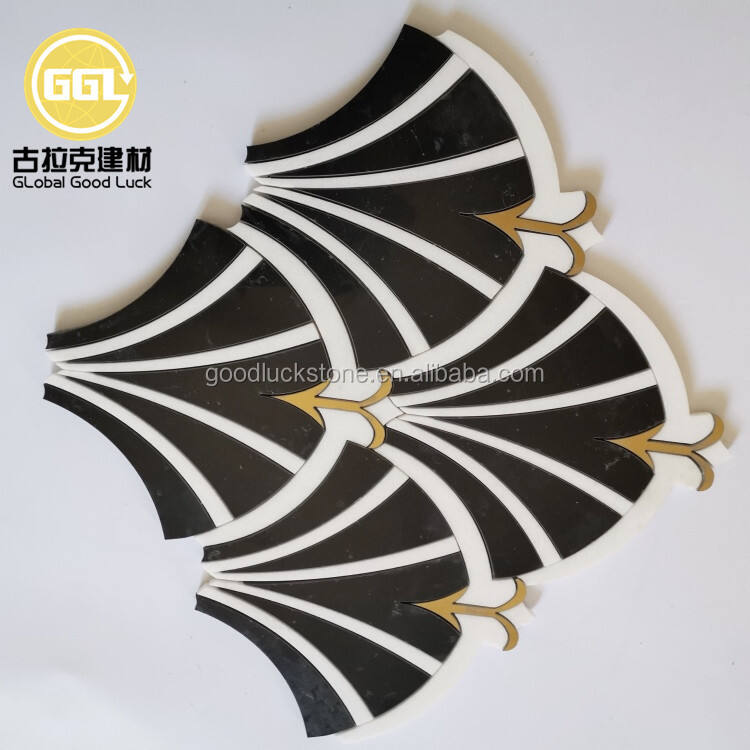 White Mix Black Fan Shape Marble Waterjet Mosaic Inlay Brass Design