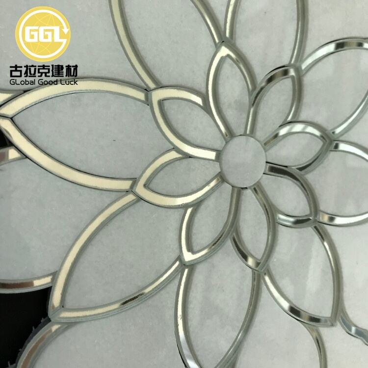 Antique Mirror Style Mosaic Tile Wateriet Glass and Carrara Marble Flower Pattern Mosaic Tile