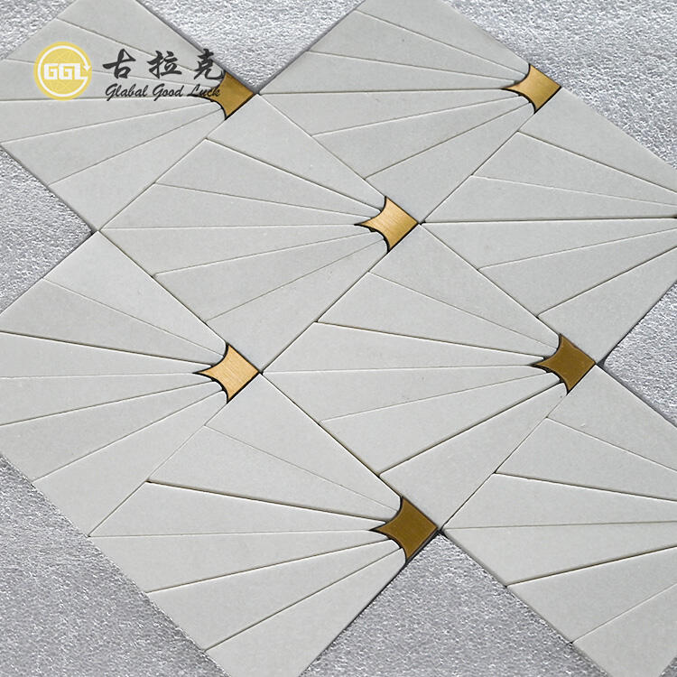 Square Thassos White Marble Mix Brass Mosaic Wall Tile