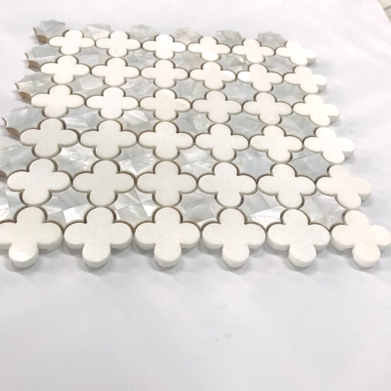 Marmer Putih Thassos Asli dengan Pola Bunga Kerang Inlay Waterjet Mosaic Tile