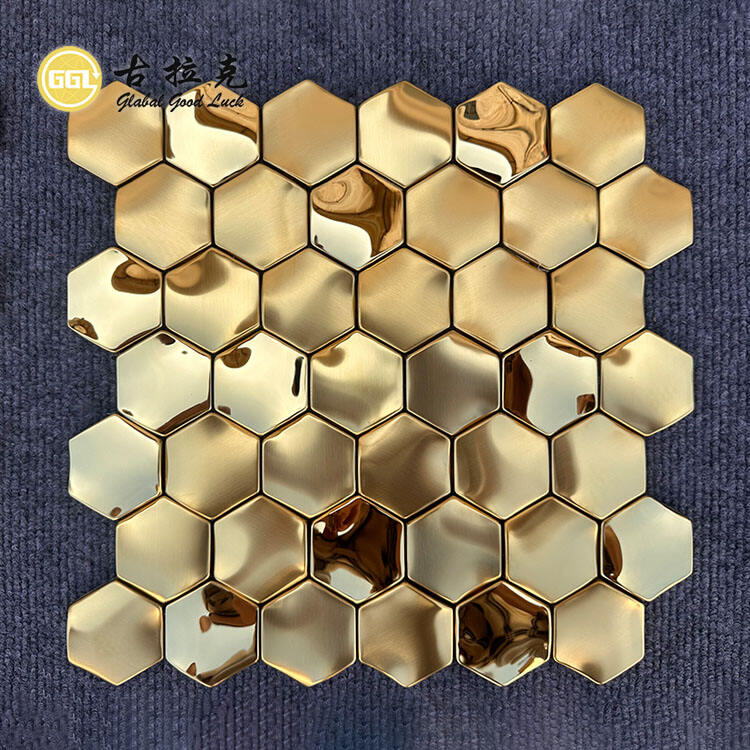 Glossy and Brushed Hexagonal Golden Metal Mosaic Decorative Wall Tiles