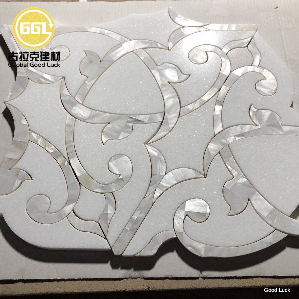 Unique Shape Pure White Marble Mix Mother of Pearl Waterjet Marble Mosaic