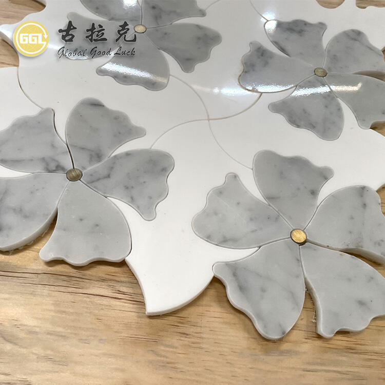 Flower Shape Parquet Feature Marble Mix Brass Dots Waterjet Mosaic Tile