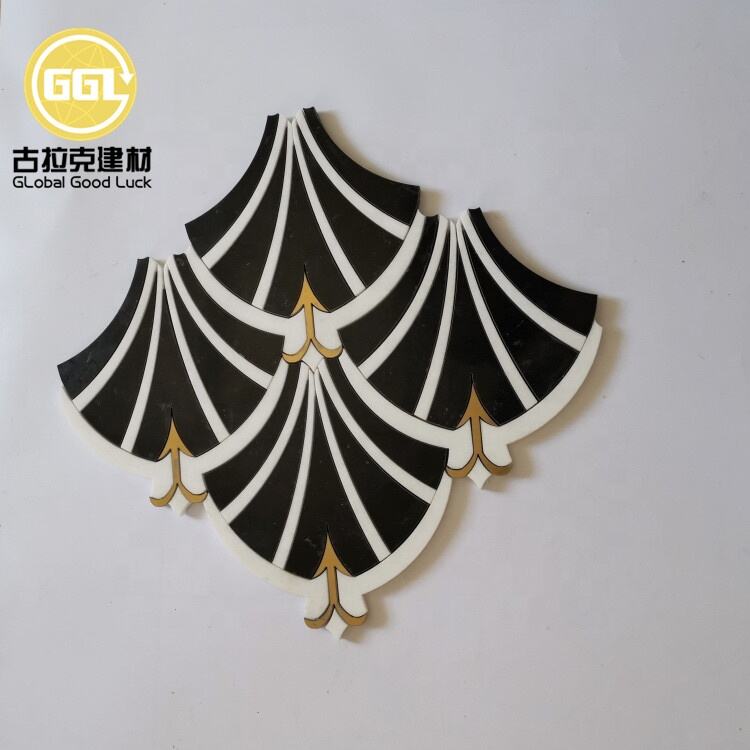 White Mix Black Fan Shape Marble Waterjet Mosaic Inlay Brass Design