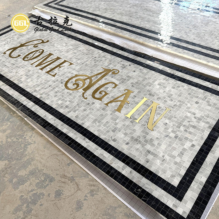 Hand-made Marble Mix Brass Pattern Medallion Waterjet Mosaic Mural Tile Picture