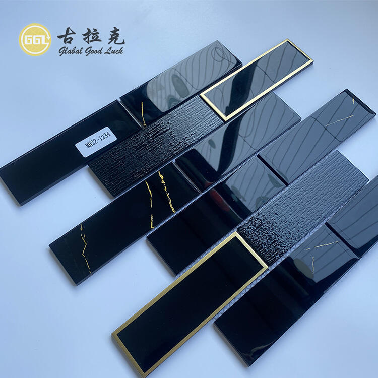 Black Glass Mosaic Tile Gold Edged Tile for Exterior Interior Villa Hotel Decor