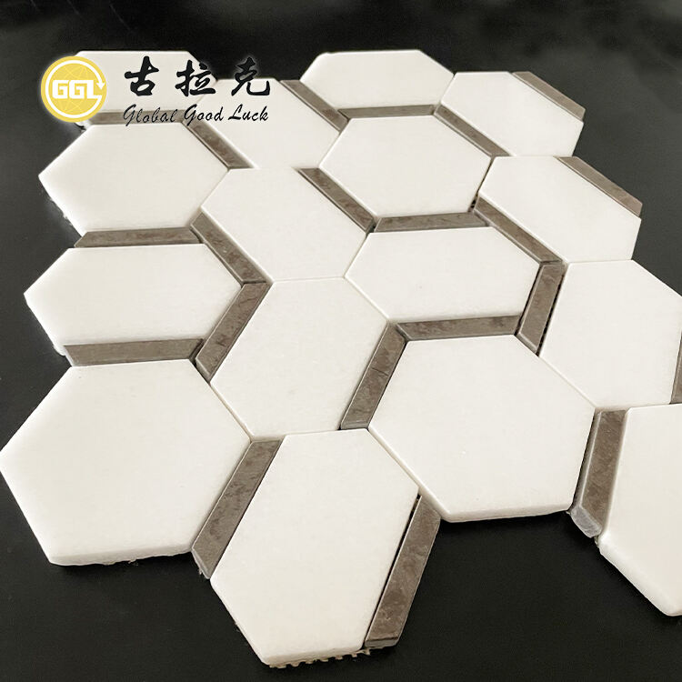 White Hexagon Marble Mosaic Tile with Brown Edge Stone Tile for Home Decor