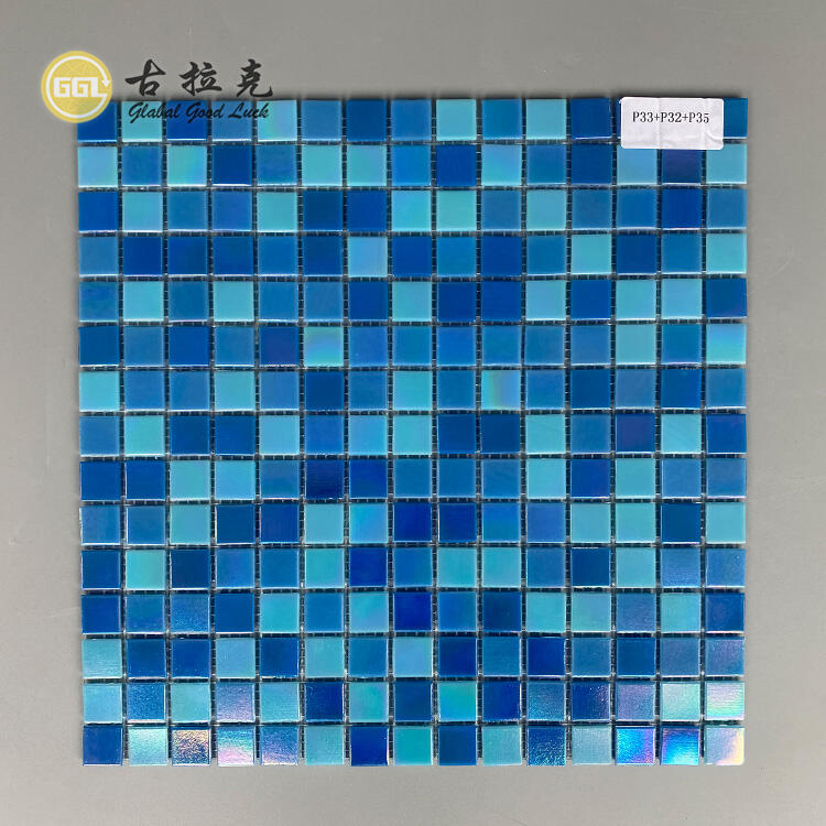 Factory Price Square Shape Rainbow Iridescent Effect Blue Glass Mosaic Tile