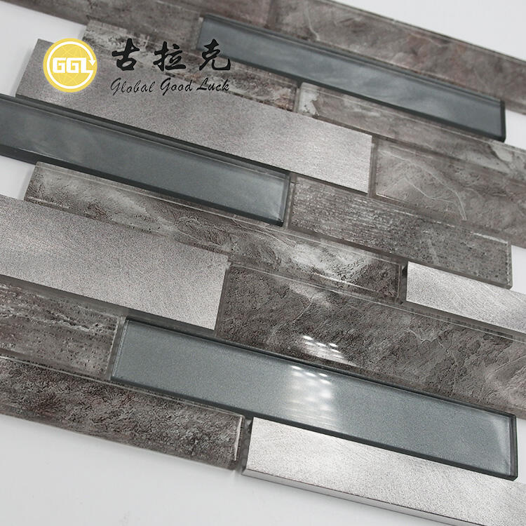 Long Strip Shape Glass Mixed Metal Backsplash Wall Decoration Tiles Glass Mosaic