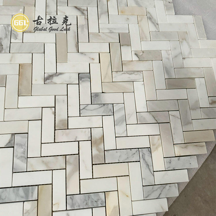 High Quality Herringbone Stone Calacatta Gold Marble Mosaic Tile