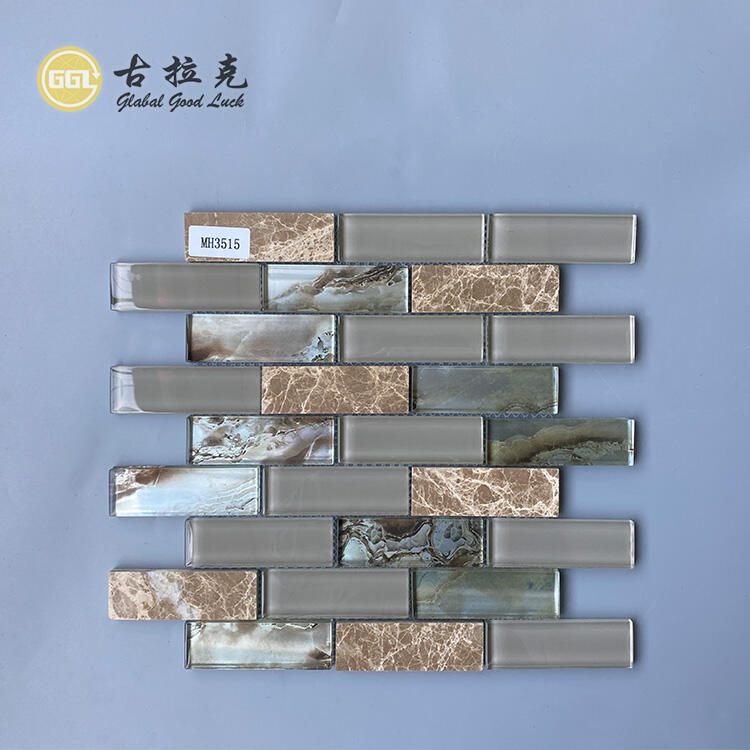 Natural Marble Mix Glass Crystal Strip Shape Glass Mosaic Kitchen Wall Tile