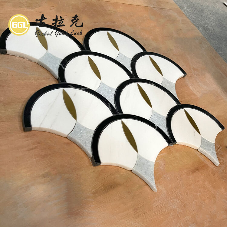 Fan Shape Pattern Marble Waterjet Mosaic Tile Inlay Brass For Wall Floor Decor