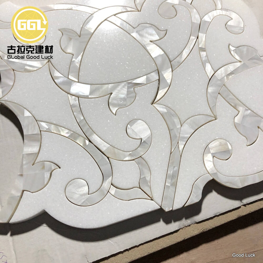 Unique Shape Pure White Marble Mix Mother of Pearl Waterjet Marble Mosaic