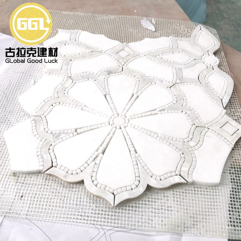 Unique Art Design Tile Waterjet Marble White Shell Inlay Tile Flower Pattern Mosaic for Wall Decor