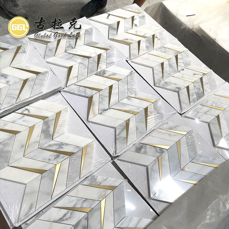 Calacatta Gold Marmur Gemengde Brass Chevron Mozaïek Mozaïek Tegel