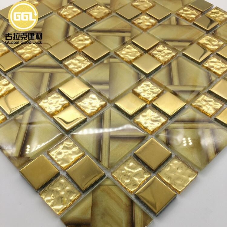 Gold Color Crystal Glass Blend Metal Glossy Mosaic Tile For Wall Decor