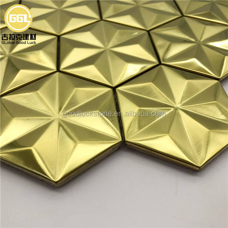 Ubin Dinding Backsplash Mosaik Logam Emas Baja Tahan Karat Efek 3D Heksagonal