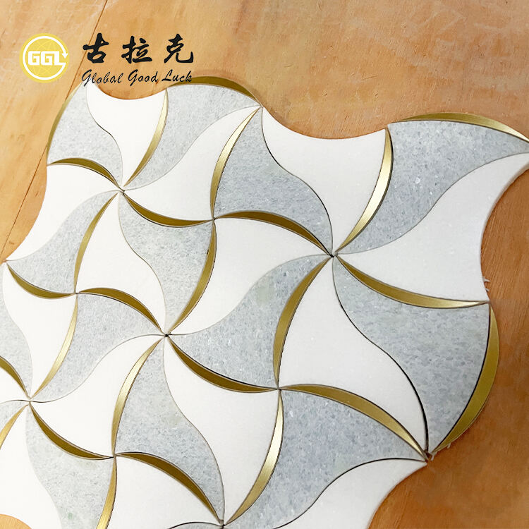 Wavy Design White Blue Marble Mix Brass Mosaic Tile Interior Wall Floor Decor