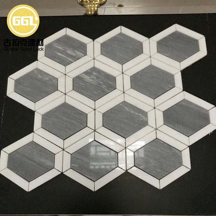 4 Inches Hexagon Pattern Marble Gray Mix White Mosaic Tile For Bathroom Backsplash Wall Floor Decor