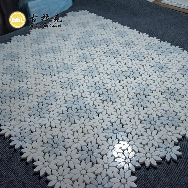 Backsplash Wall Decoration White Mix Blue Flower Pattern Waterjet Mosaic Tiles