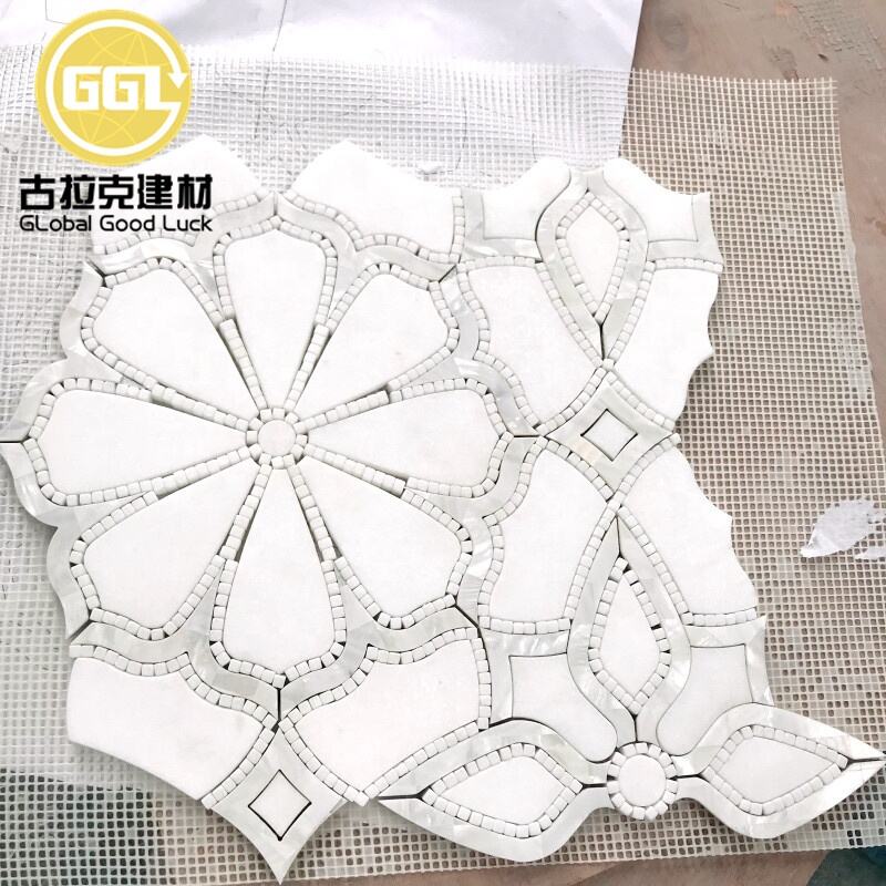 Unique Art Design Tile Waterjet Marble White Shell Inlay Tile Flower Pattern Mosaic for Wall Decor